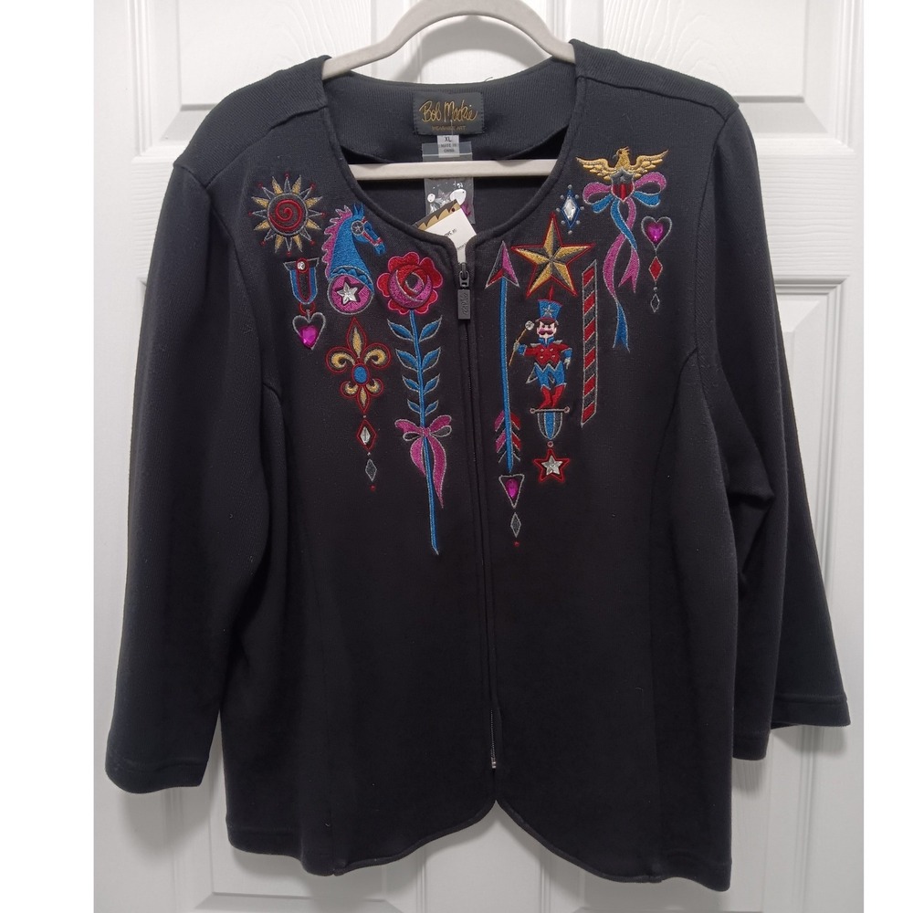 Bob Mackie Wearable Art Black Embroidered Nutcracker Zip Cardigan Sweater XL